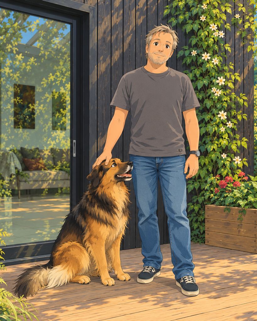 Illustration of Jorge López and his dog in the garden beside a charred-timber façade