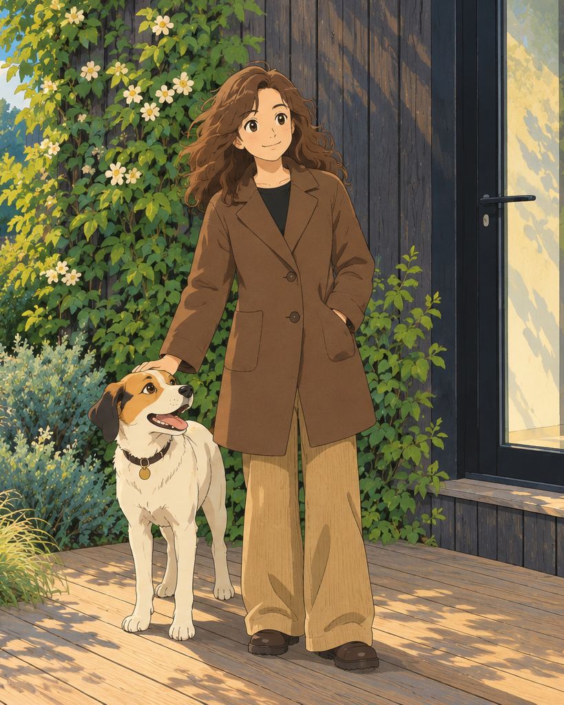 Illustration of Teresa Wiggin and her dog in the garden beside a charred-timber façade
